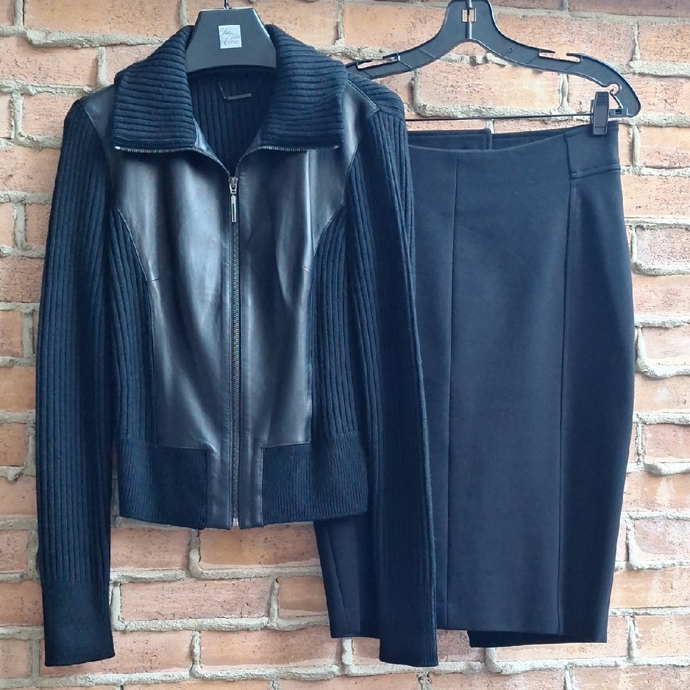 Elie Tahari Evita Zip-Front Ribbed Wool / Lamb Leather Jacket